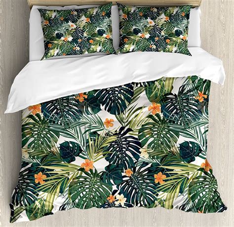 Ambesonne Hawaii Duvet Cover Set, Summer Season Palm Trees and Exotic Fern Leaves with Abstract Colorful Background, Decorative 3 Piece Bedding Set with 2 Pillow Shams, Queen Size, Almond Green