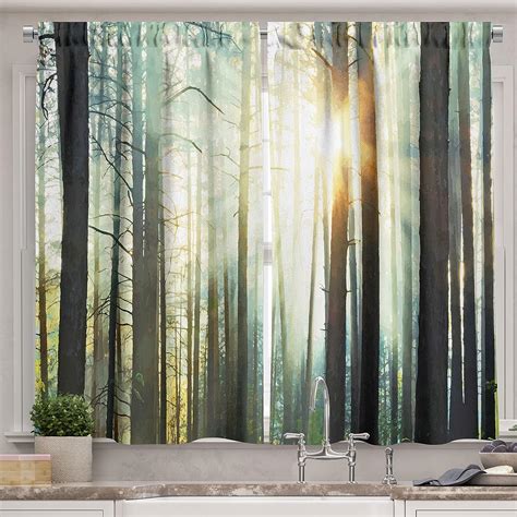 Ambesonne Nature Curtains, Mist in The Enchanted Forest with Sunbeams Painting Effect Digital Art Image, Living Room Bedroom Window Drapes 2 Panel Set, 108" X 90", Brown Seafoam