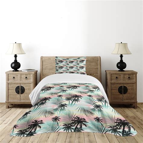 Ambesonne Hawaii Duvet Cover Set, Summer Season Palm Trees and Exotic Fern Leaves with Abstract Colorful Background, Decorative 3 Piece Bedding Set with 2 Pillow Shams, Queen Size, Almond Green
