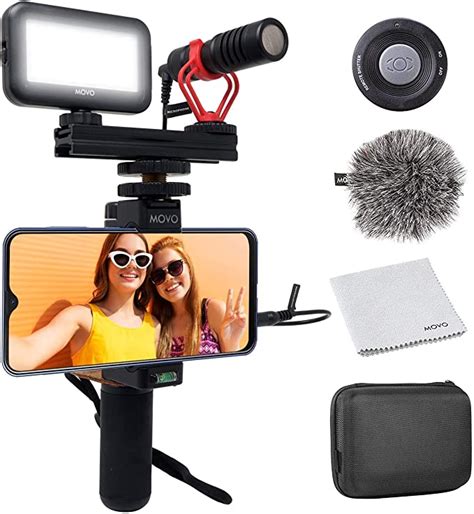 Movo Smartphone Video Kit V1 Vlogging Kit with Grip Rig, Shotgun Microphone, LED Light and Wireless Remote - YouTube Equipment Compatible with iPhone, Android Samsung Galaxy, Note - Vlogging Equipment