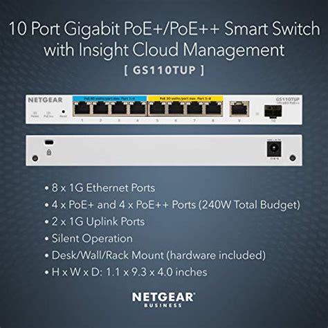 Hottest NETGEAR 10-Port Ultra60 PoE Gigabit Ethernet Smart Switch (GS710TUP) - Managed, Optional Insight Cloud Management, 8 x PoE++ @ 480W, 2 x 1G Uplinks, Desktop or Rackmount, Limited Lifetime Protection