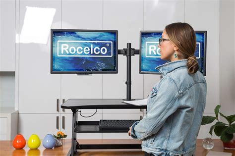 Exclusive Rocelco 37.5" Deluxe Height Adjustable Standing Desk Converter - Quick Sit Stand Up Dual Monitor Riser - Gas Spring Assist Computer Workstation - Large Retractable Keyboard Tray - Gray (R DADRG)