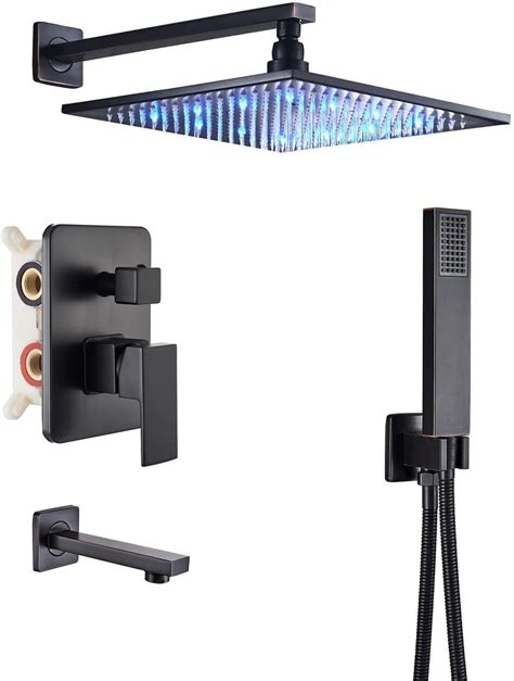 Rozin Black 3-way Mixer LED Color 12" Top Rain Shower Tub Spout Tap with Handheld Spra