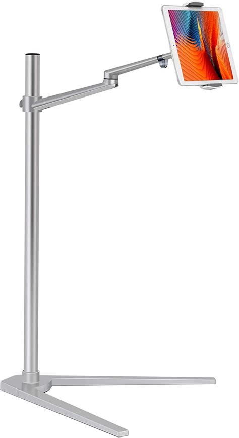 Super Big Clearance! Viozon Tablet Floor Stand,Cell Phone Holder Mount,Height&Angle Adjustable,Compatible with 4.5-13" Devices, iPhone 12, iPad Air/Pro/Mini,Galaxy Tab, Aluminum Alloy，V Base,Bedside,Kitchen,Couch(Silver)